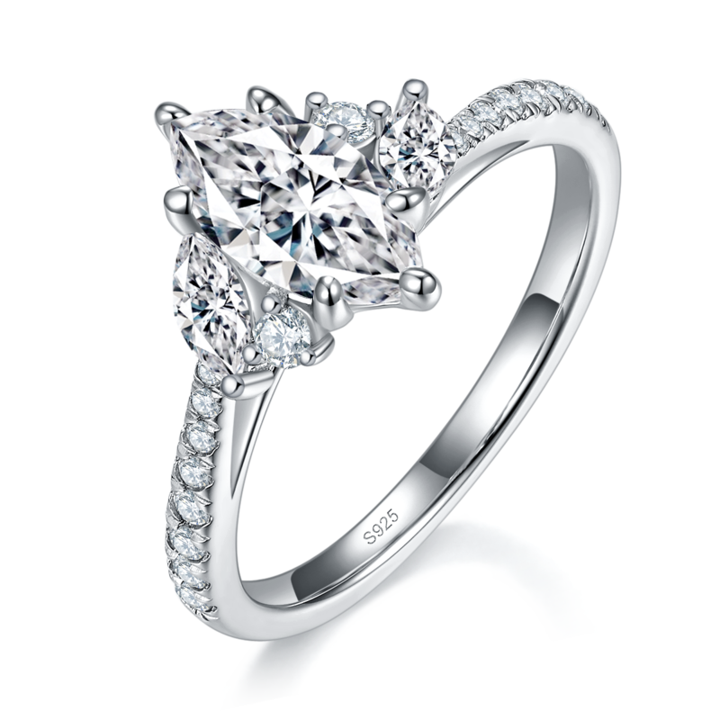 马眼钻女戒S925银镀白金定制选款主石莫桑钻1.0ct/副石高碳钻