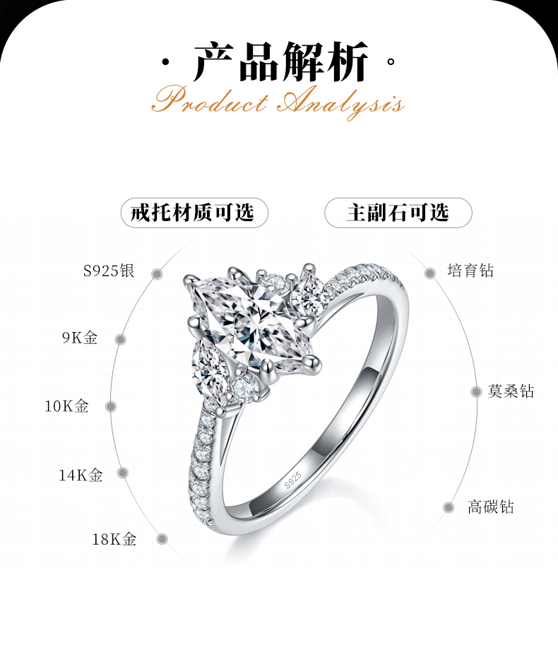 马眼钻女戒S925银镀白金定制选款主石莫桑钻1.0ct/副石高碳钻 - 2