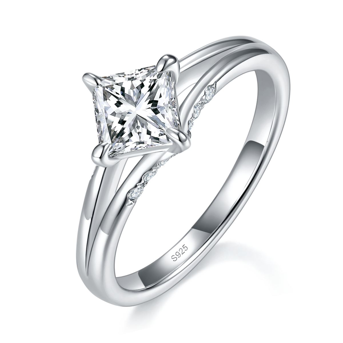 Simplified Princess Women's Ring S925 Silver Plated Platinum Customized Selection Main Stone Moissanite 1.0ct/Side Stone Cubic Zirconia