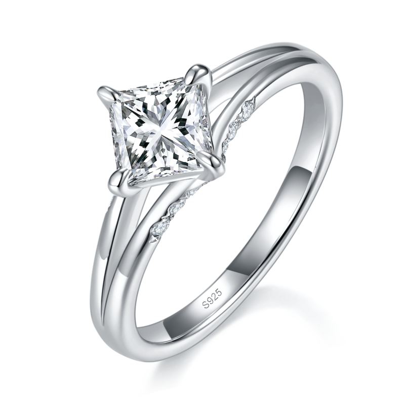 简约公主方Women's RingS925银镀白金定制选款主石Moissanite1.0ct/副石高碳钻
