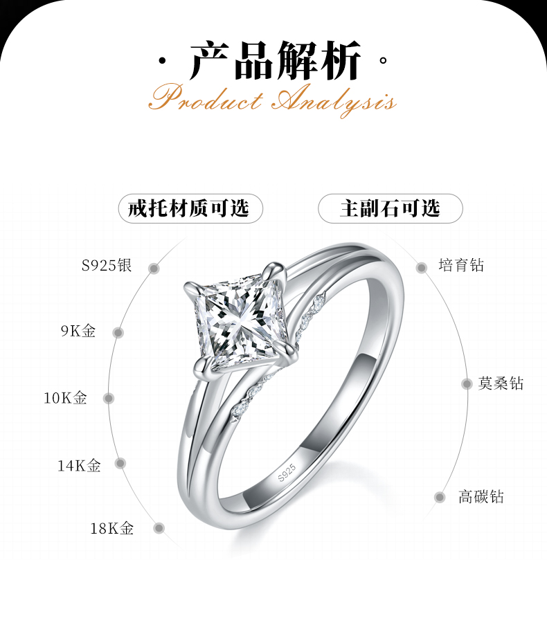 简约公主方女戒S925银镀白金定制选款主石莫桑钻1.0ct/副石高碳钻 - 2