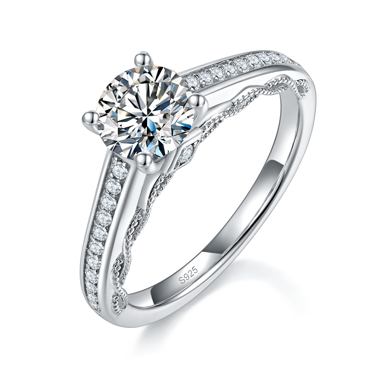 Light Luxury Four Claw Women's Ring S925 Silver Plated Platinum Customized Selection Main Stone Moissanite 1.0ct/Side Stone Cubic Zirconia