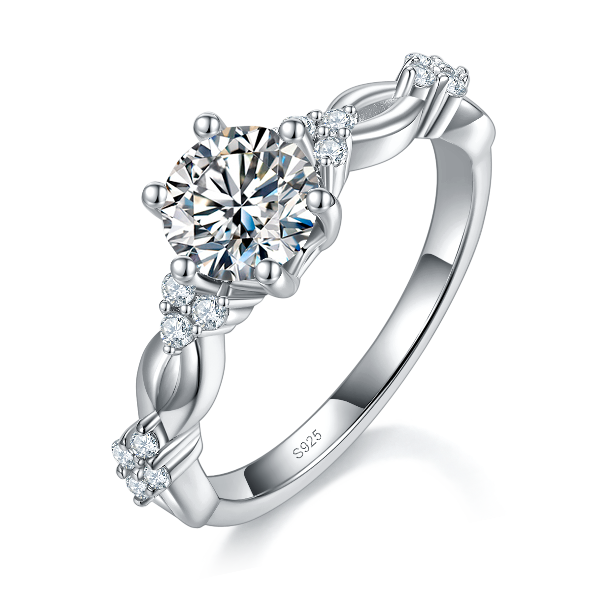 轻奢六爪女戒S925银镀白金定制选款主石莫桑钻1.0ct/副石高碳钻