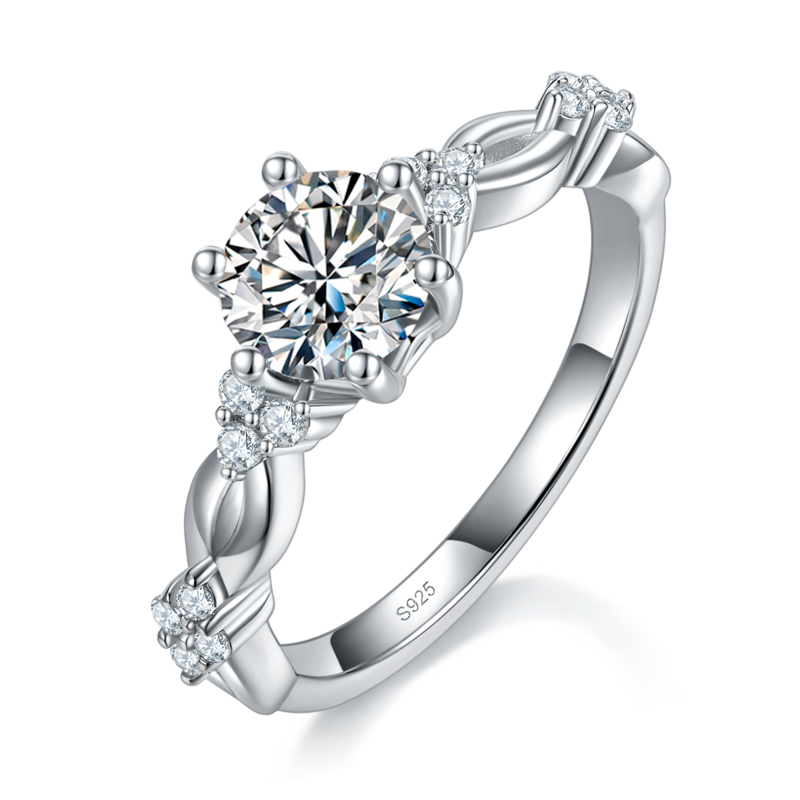 轻奢六爪女戒S925银镀白金定制选款主石莫桑钻1.0ct/副石高碳钻
