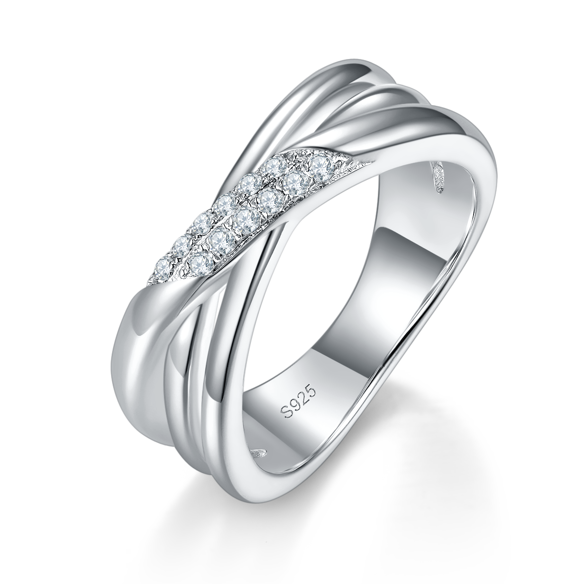 X-shaped minimalist women's ring S925 silver plated platinum customized option Side Stone Moissanite 0.12ct