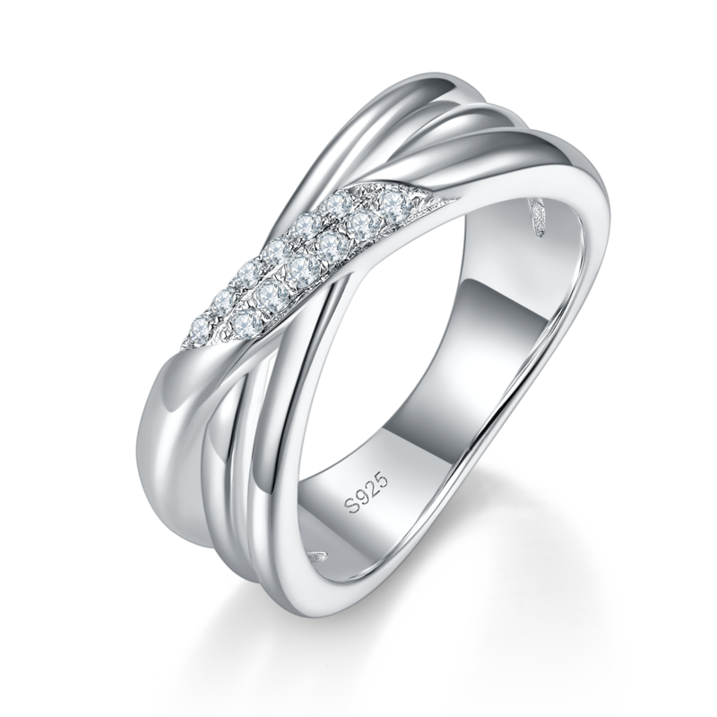 X字形简约Women's RingS925银镀白金定制选款副石Moissanite0.12ct