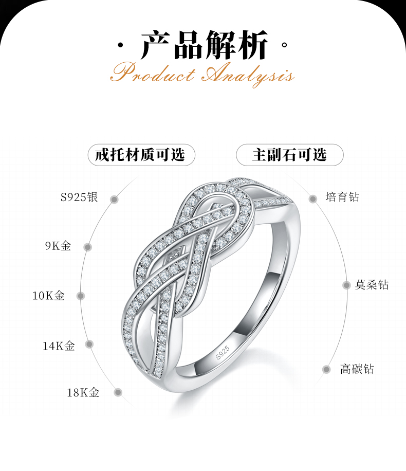 简约排戒女戒S925银镀白金定制选款副石莫桑钻0.3ct - 2