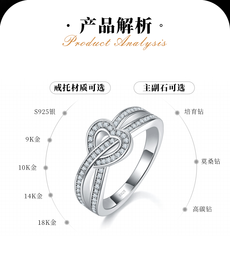 爱心形排戒女戒S925银镀白金定制选款副石莫桑钻0.28ct - 2