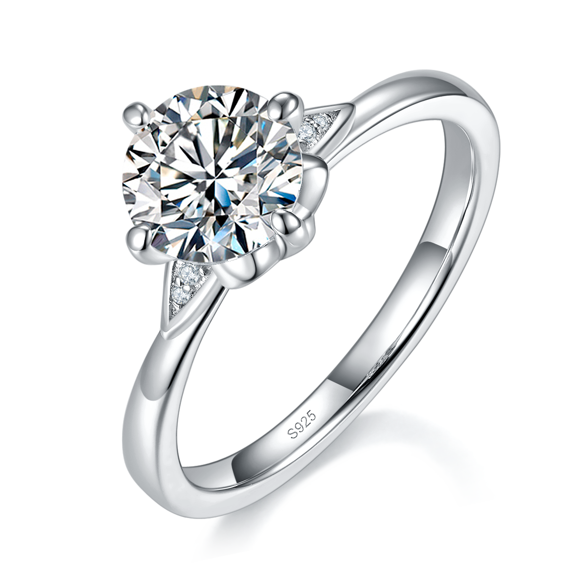 光臂时尚四爪女戒S925银镀白金定制选款主石莫桑钻1.2ct/副石高碳钻