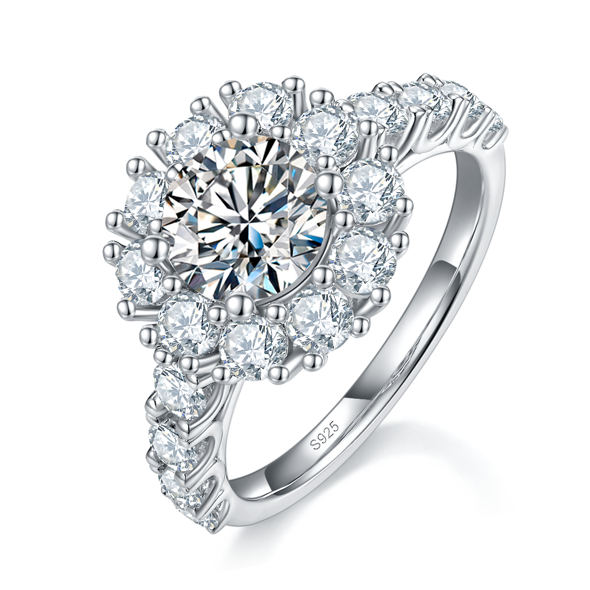 轻奢满钻四爪女戒S925银镀白金定制选款主石莫桑钻1.2ct/副石高碳钻
