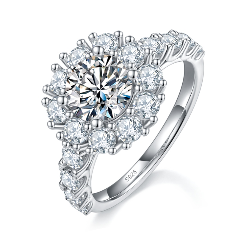 Affordable Luxury满钻四爪Women's RingS925银镀白金定制选款主石Moissanite1.2ct/副石高碳钻