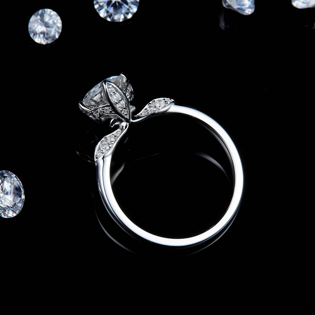 Micro inlaid flower bud four claw women's ring S925 silver plated platinum custom selection main stone Moissanite 1.2ct/Side Stone Cubic Zirconia