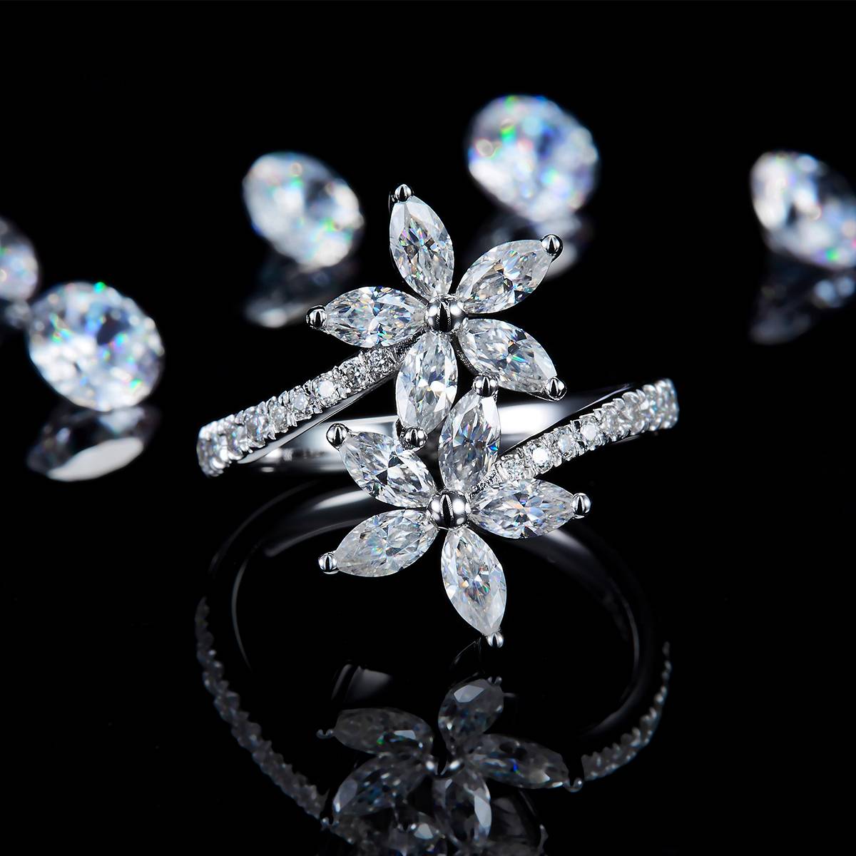 Marquis Diamond Flower Open Women's Ring S925 Silver Plated Platinum Customized Selection Side Stone Moissanite 1.12ct