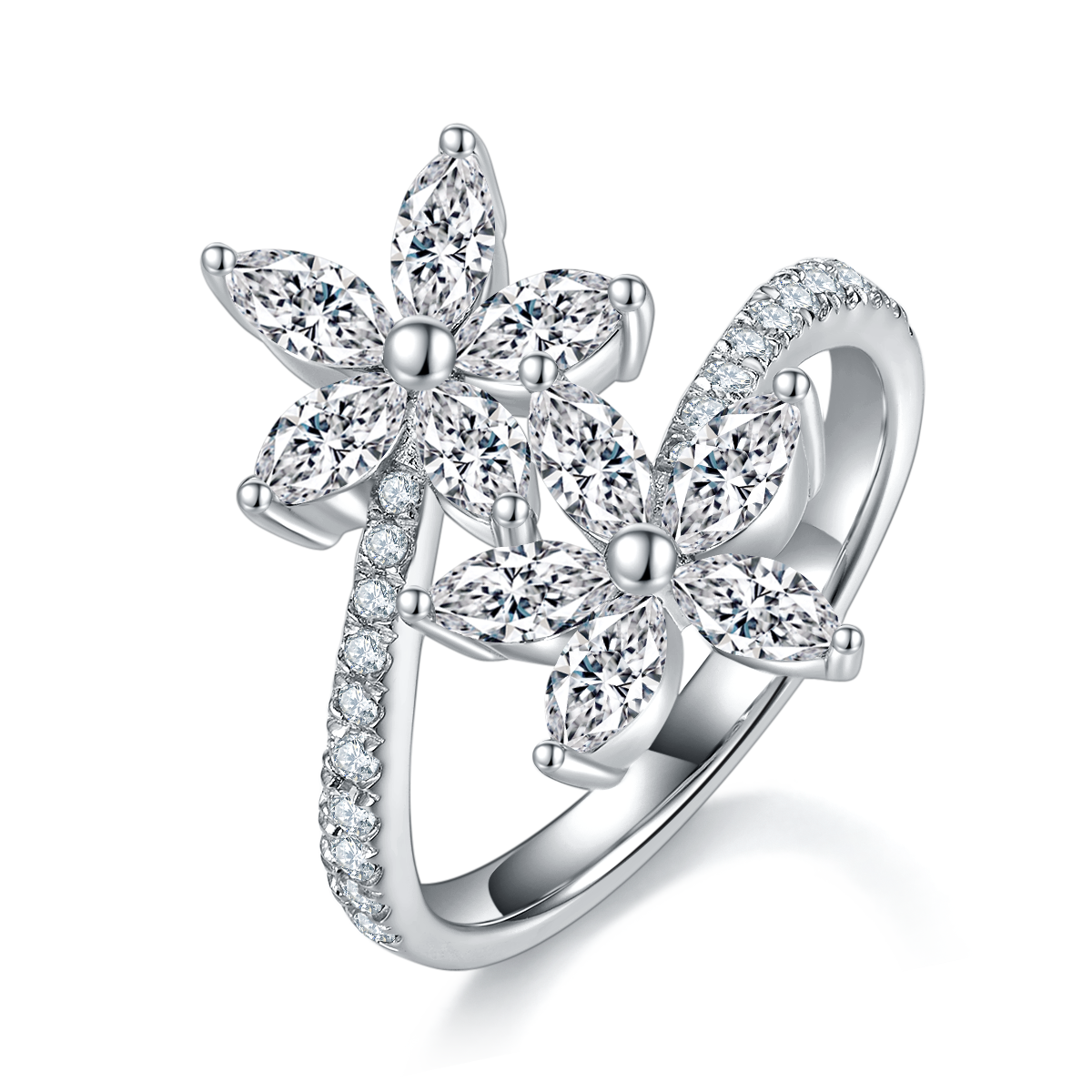 Marquis Diamond Flower Open Women's Ring S925 Silver Plated Platinum Customized Selection Side Stone Moissanite 1.12ct