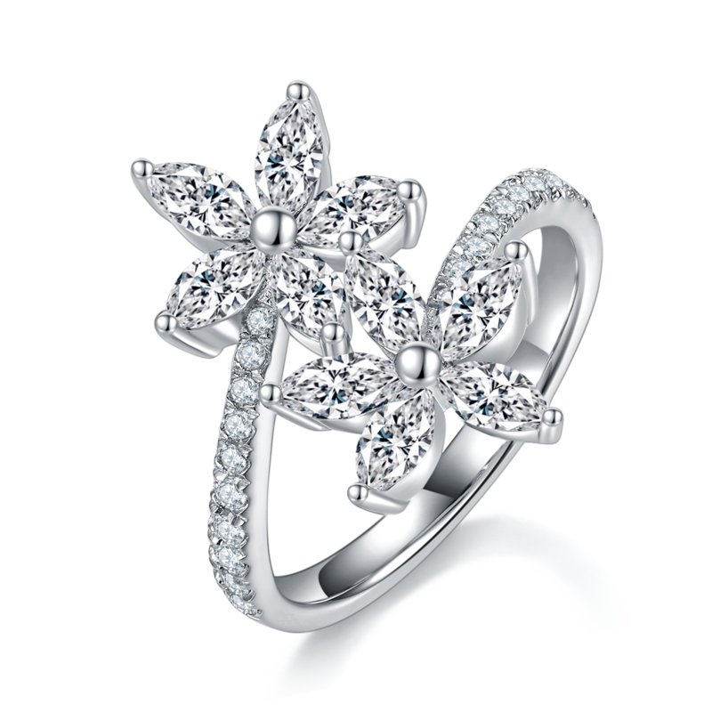 马眼钻花朵开口Women's RingS925银镀白金定制选款副石Moissanite1.12ct