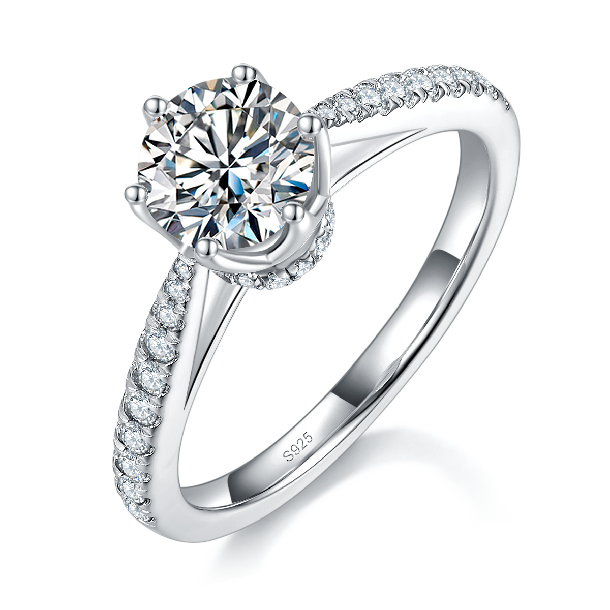 Fashion Micro Inlaid Six Claw Women's Ring S925 Silver Plated Platinum Customized Selection Main Stone Moissanite 1.0ct/Side Stone Cubic Zirconia