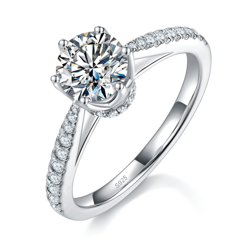 Fashion微镶六爪Women's RingS925银镀白金定制选款主石Moissanite1.0ct/副石高碳钻