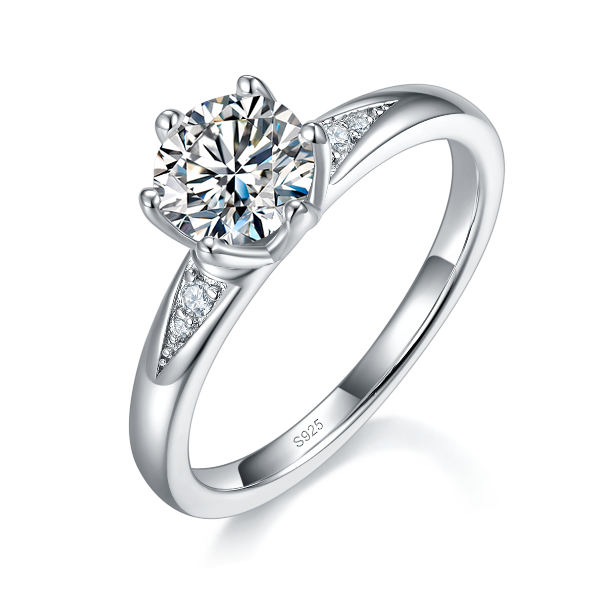 六爪花瓣女戒S925银镀白金定制选款主石莫桑钻1.0ct/副石高碳钻