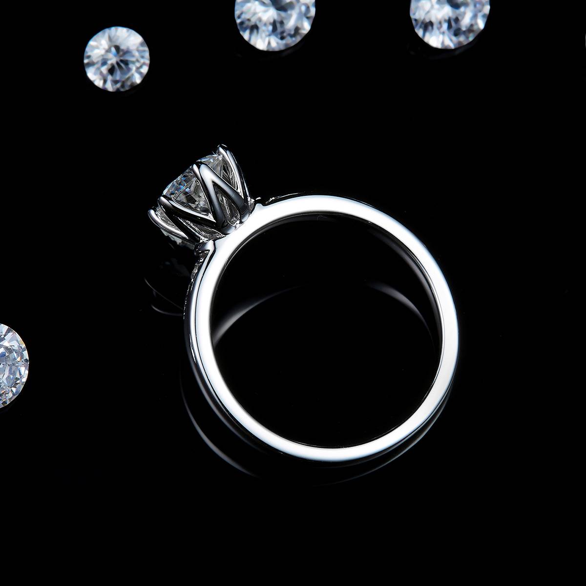 六爪花瓣女戒S925银镀白金定制选款主石莫桑钻1.0ct/副石高碳钻