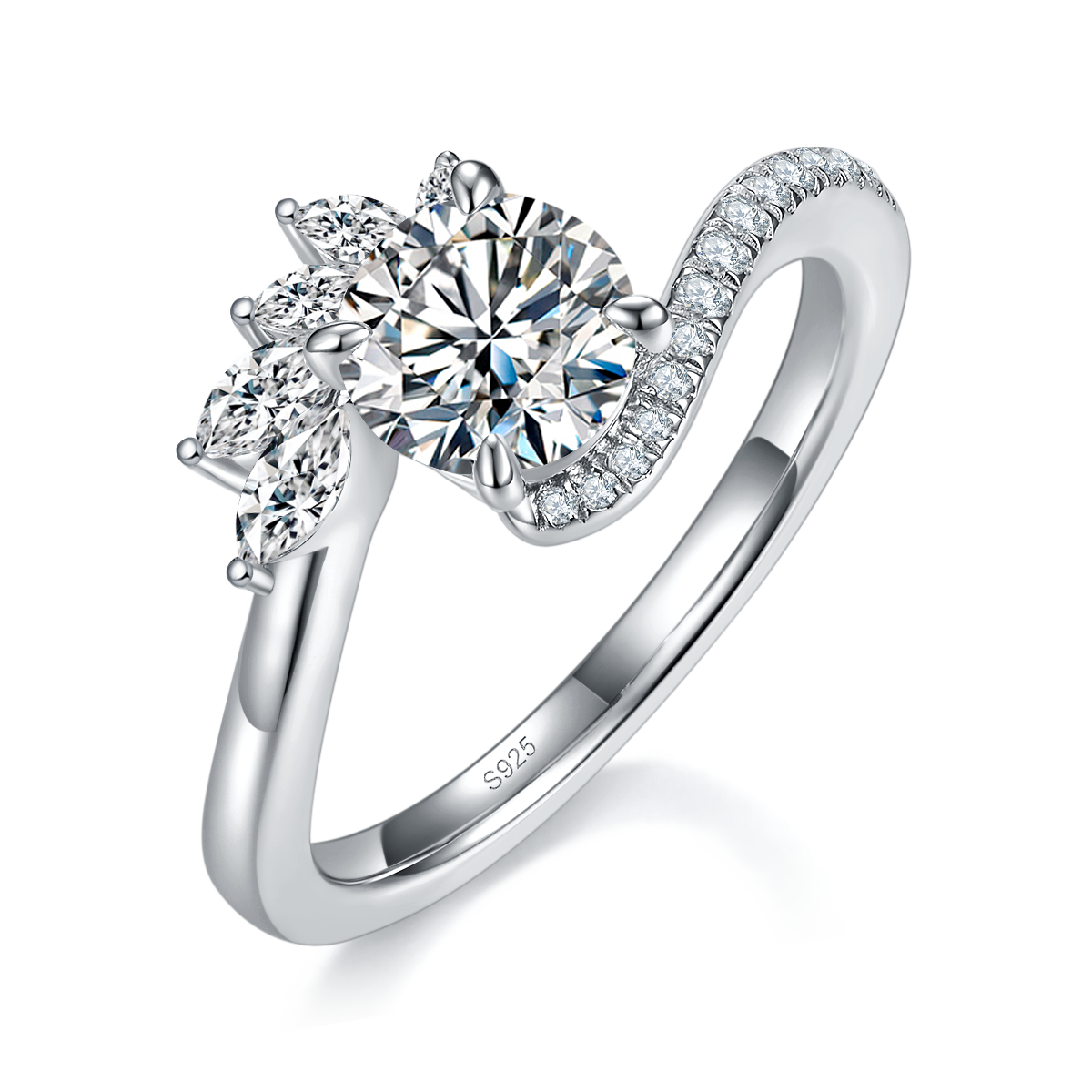 Fashion Twisted Arm Four Claw Women's Ring S925 Silver Plated Platinum Customized Selection Main Stone Moissanite 1.0ct/Side Stone Cubic Zirconia