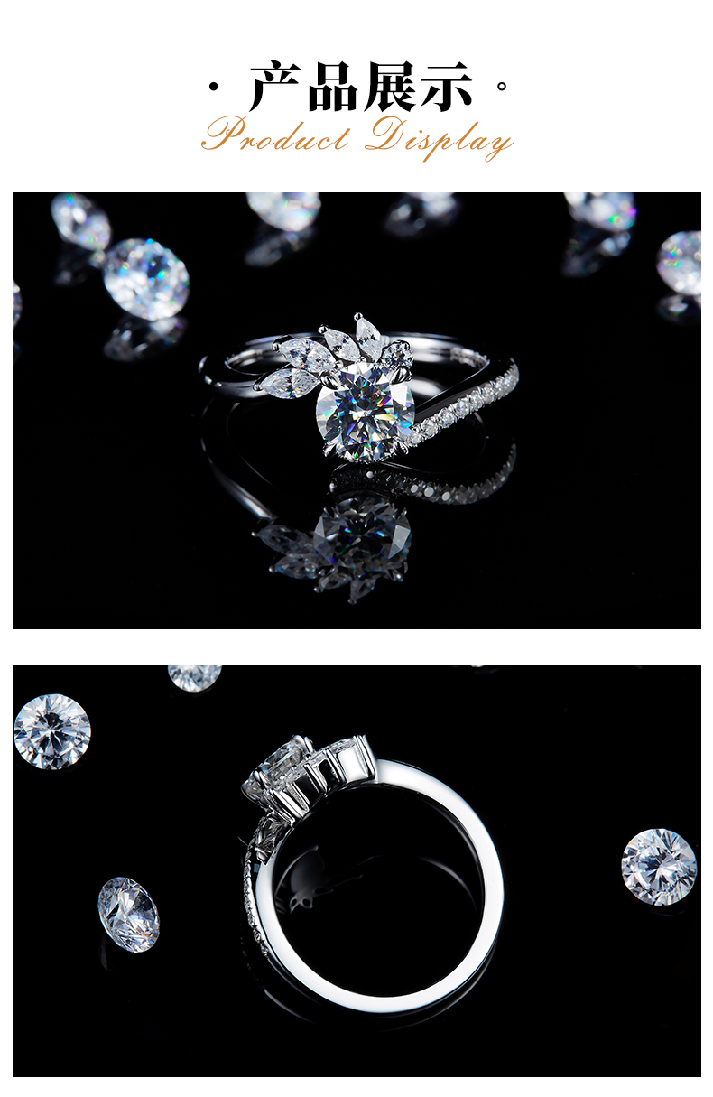 时尚扭臂四爪女戒S925银镀白金定制选款主石莫桑钻1.0ct/副石高碳钻 - 3