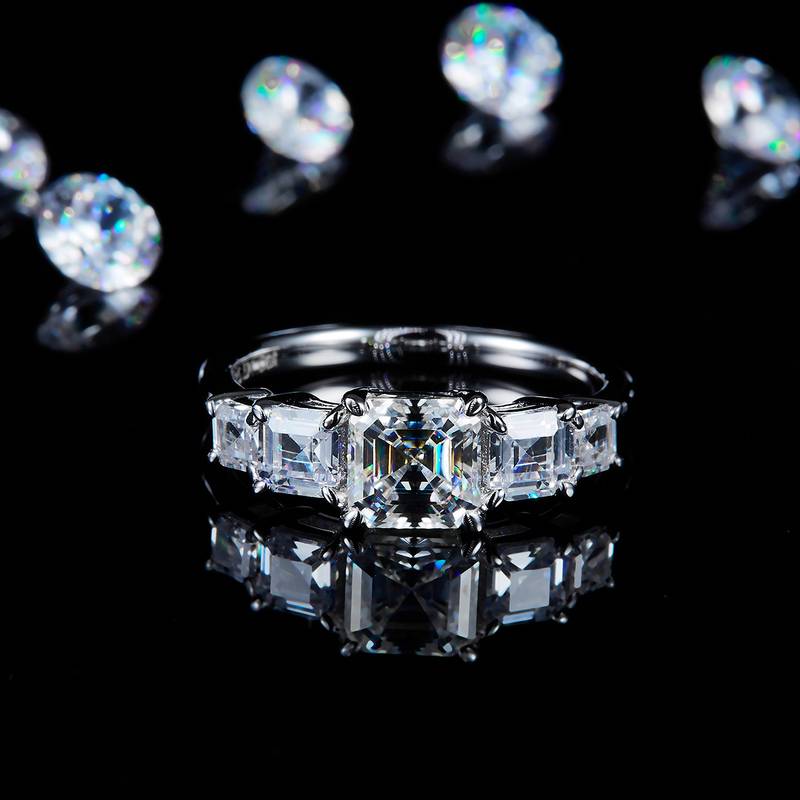 阿斯切三石款女戒S925银镀白金定制选款主石莫桑钻1.0ct/副石高碳钻
