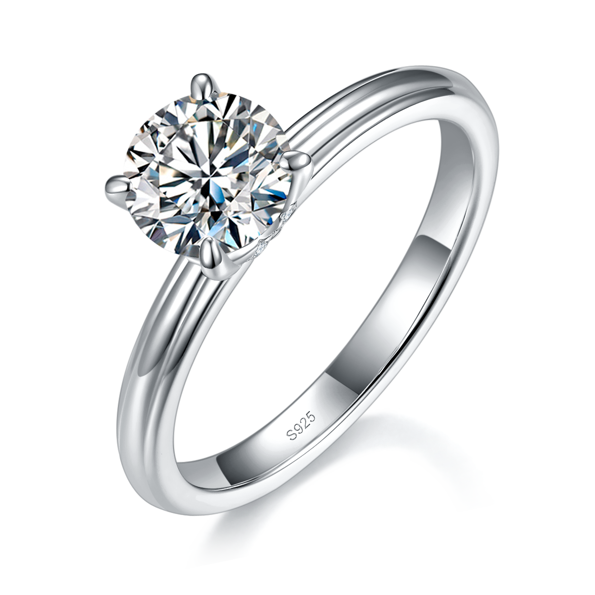 光臂四爪女戒S925银镀白金定制选款主石莫桑钻1.0ct/副石高碳钻