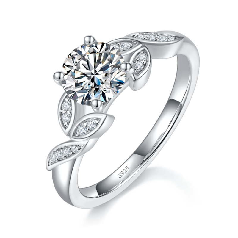 树叶摆臂交叉清新Women's RingS925银镀白金定制选款主石Moissanite1.0ct/副石高碳钻