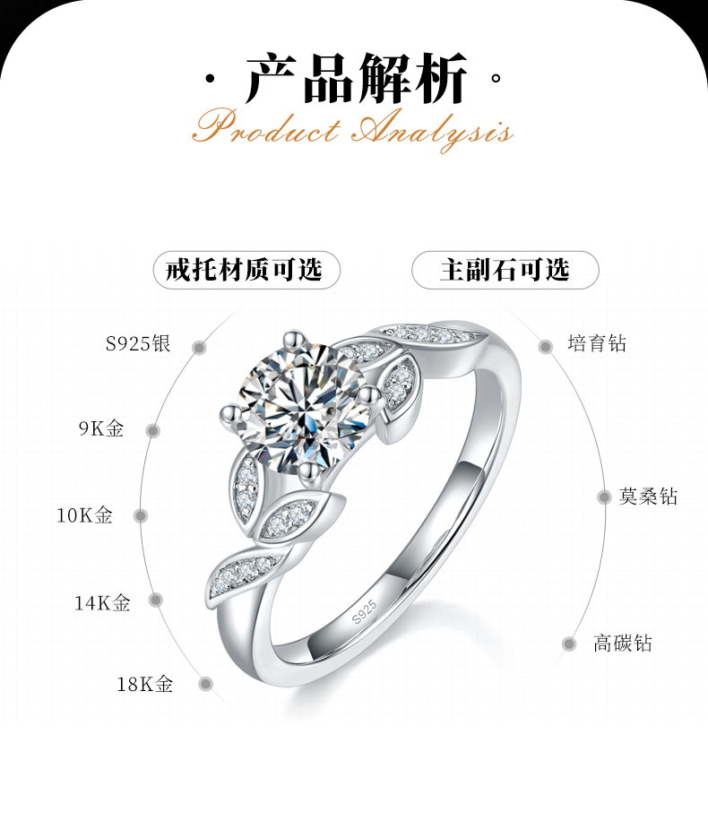 树叶摆臂交叉清新女戒S925银镀白金定制选款主石莫桑钻1.0ct/副石高碳钻 - 2