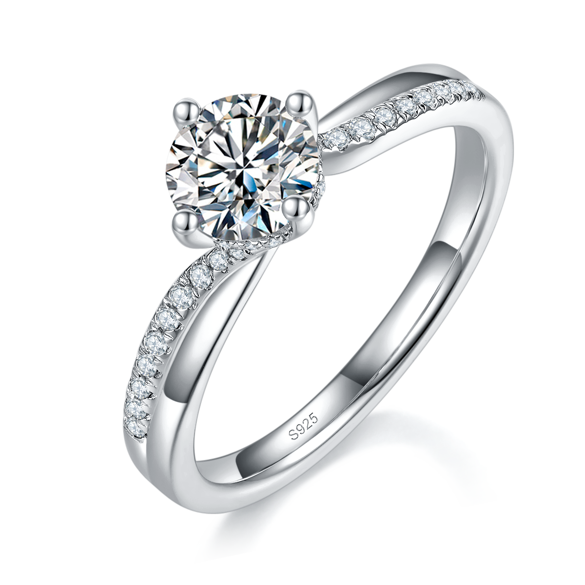 Twisted Arm Four Claw Women's Ring S925 Silver Plated Platinum Customized Selection Main Stone Moissanite 1.0ct/Side Stone Cubic Zirconia