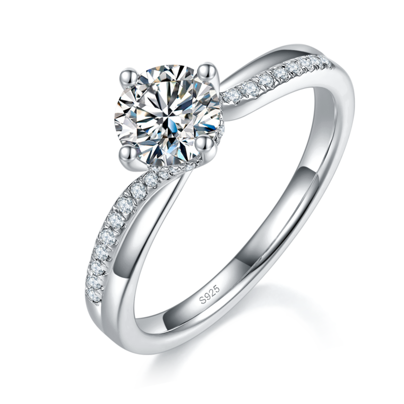扭臂四爪Women's RingS925银镀白金定制选款主石Moissanite1.0ct/副石高碳钻