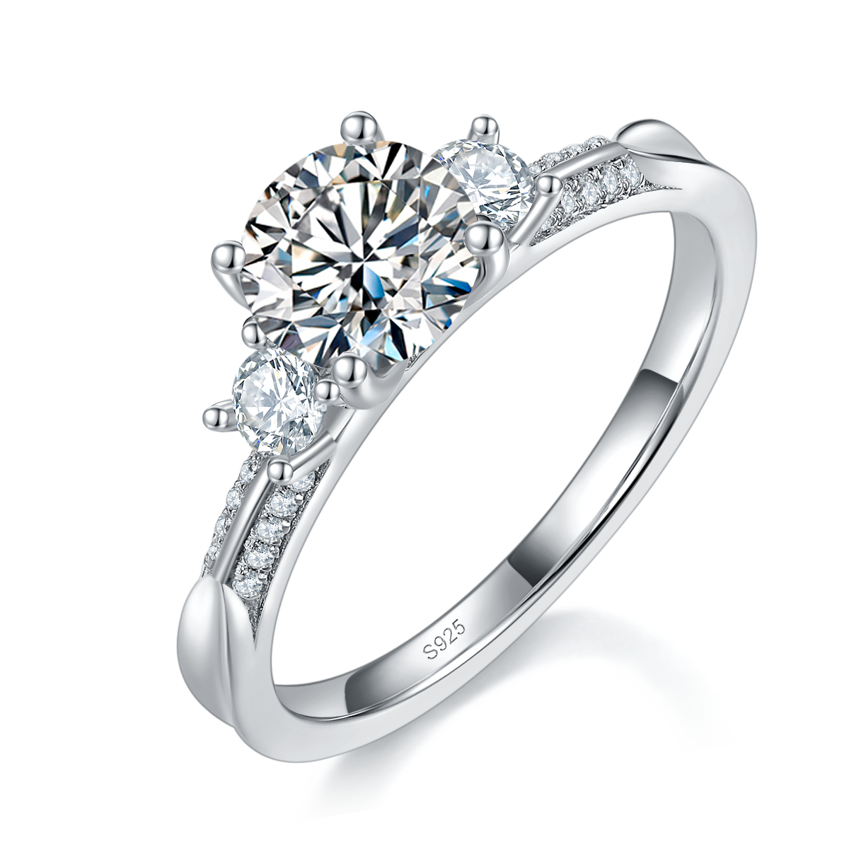 Three Stone Four Claw Round Diamond Women's Ring S925 Silver Plated Platinum Customized Selection Main Stone Moissanite 1.0ct/Side Stone Cubic Zirconia