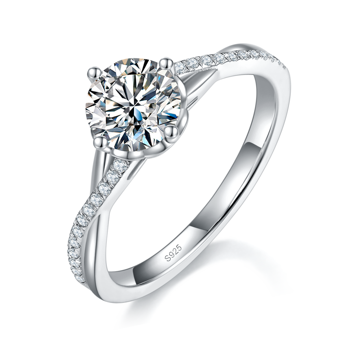 扭臂满钻女戒S925银镀白金定制选款主石莫桑钻1.0ct/副石高碳钻