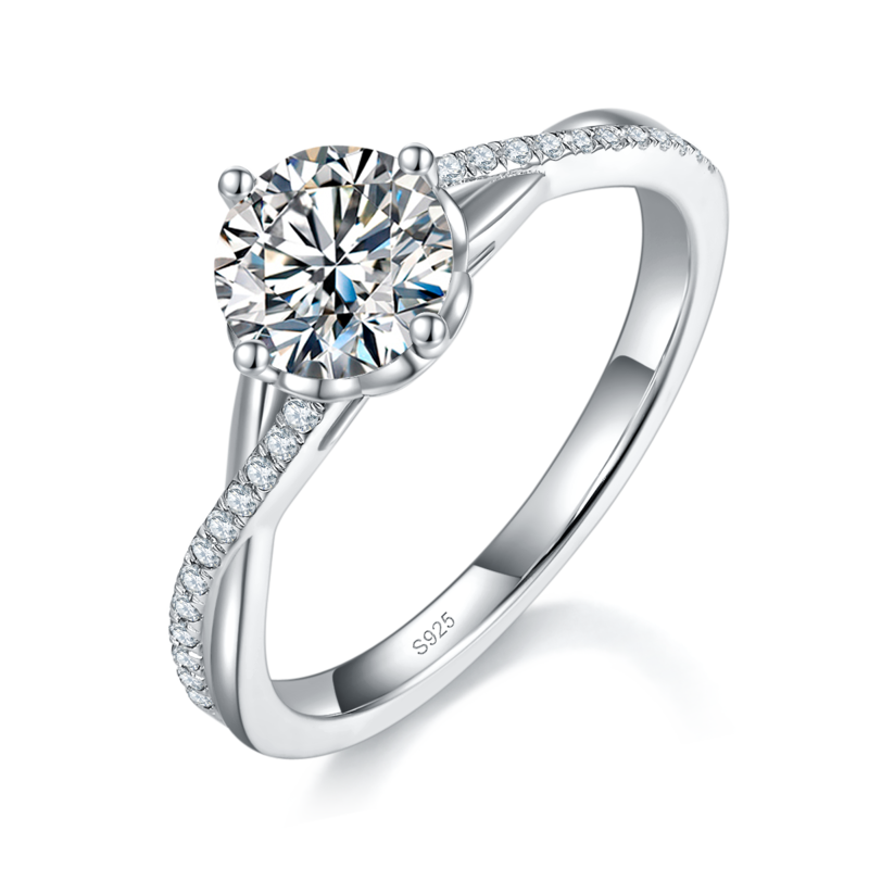 扭臂满钻女戒S925银镀白金定制选款主石莫桑钻1.0ct/副石高碳钻