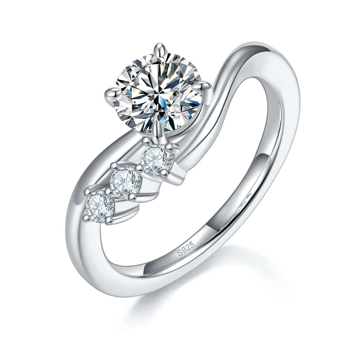 Twisted arm simple four claw women's ring S925 silver plated platinum customized selection main stone Moissanite 1.0ct/Side Stone Cubic Zirconia