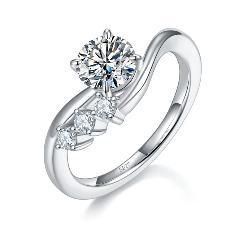 扭臂简约四爪Women's RingS925银镀白金定制选款主石Moissanite1.0ct/副石高碳钻