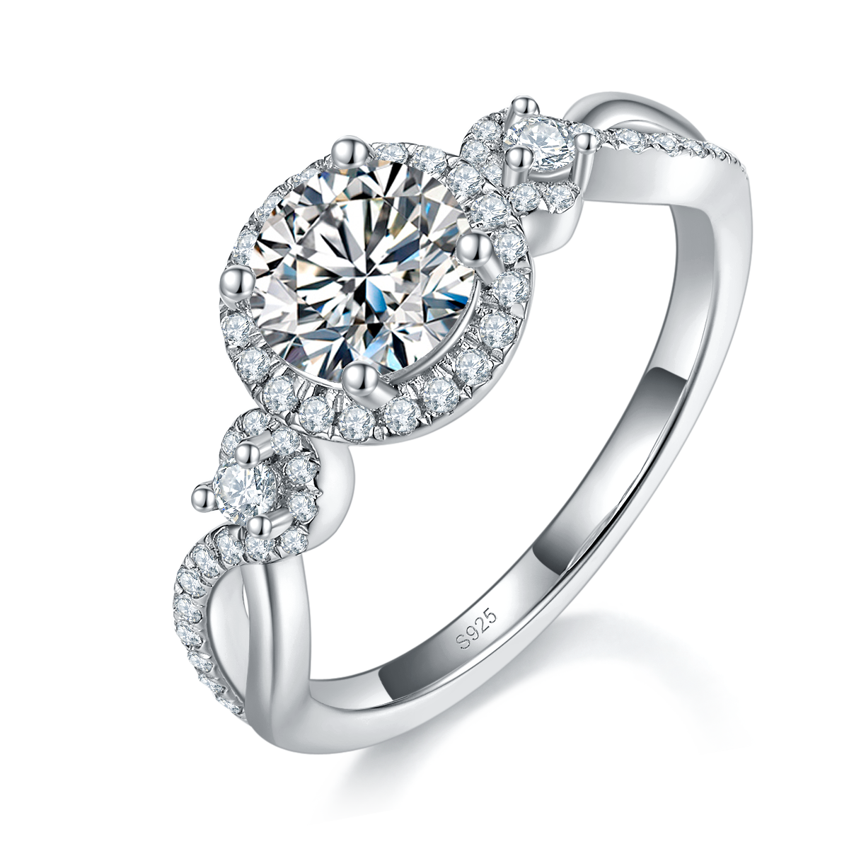 扭臂圆包女戒S925银镀白金定制选款主石莫桑钻1.0ct/副石高碳钻