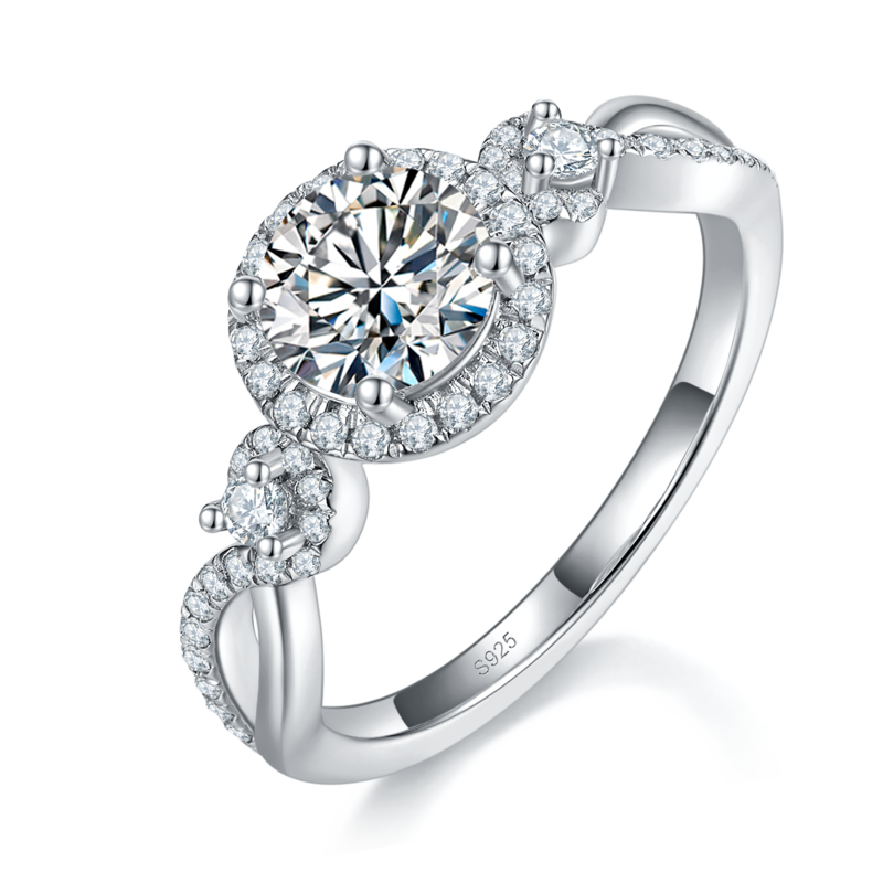 扭臂圆包Women's RingS925银镀白金定制选款主石Moissanite1.0ct/副石高碳钻