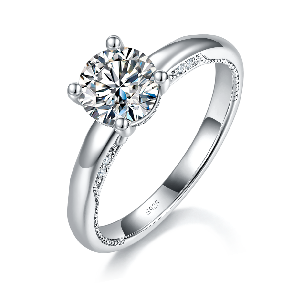 光臂轻奢四爪女戒S925银镀白金定制选款主石莫桑钻1.0ct/副石高碳钻