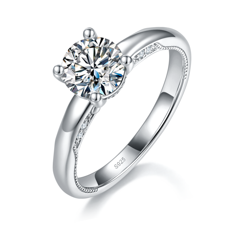 光臂Affordable Luxury四爪Women's RingS925银镀白金定制选款主石Moissanite1.0ct/副石高碳钻