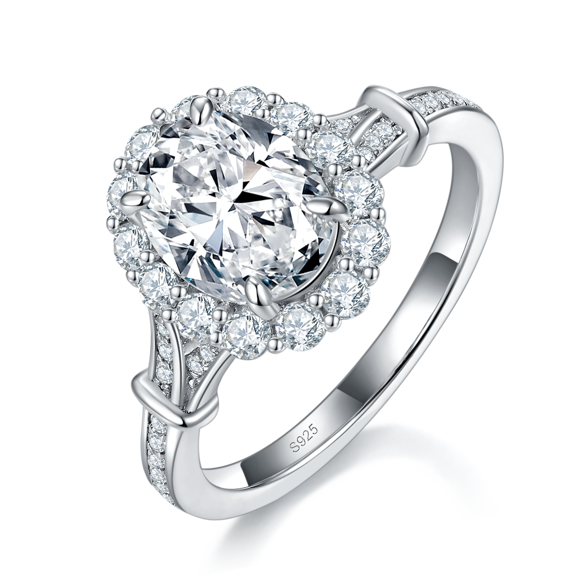 Light Luxury Round Bag Oval Women's Ring S925 Silver Plated Platinum Customized Selection Main Stone Moissanite 2.0ct/Side Stone Cubic Zirconia