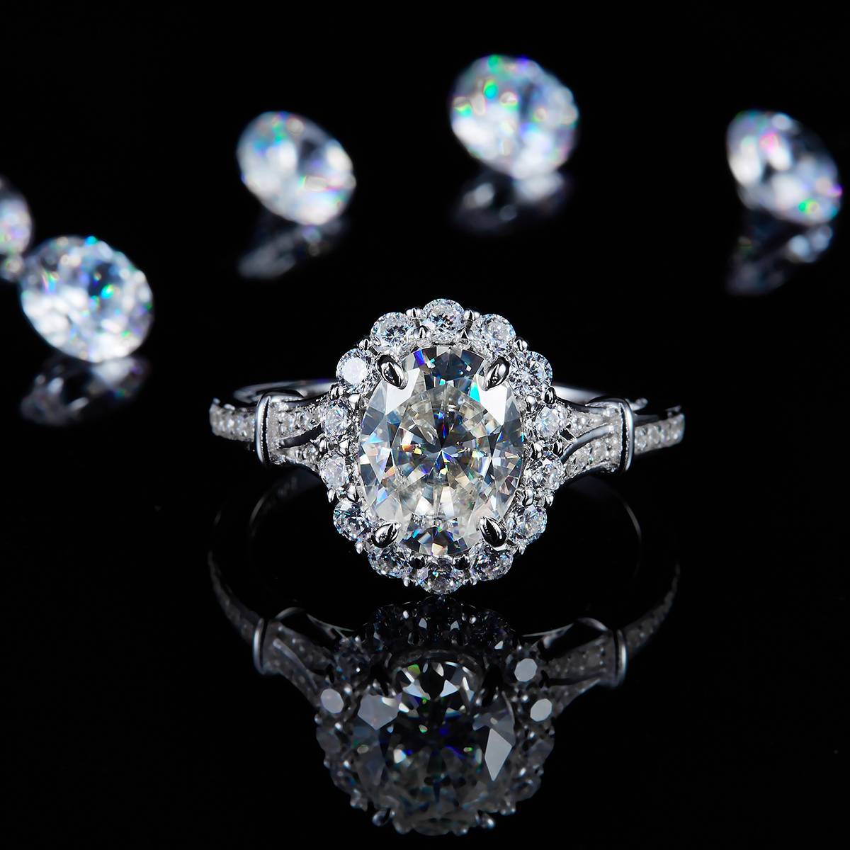 Light Luxury Round Bag Oval Women's Ring S925 Silver Plated Platinum Customized Selection Main Stone Moissanite 2.0ct/Side Stone Cubic Zirconia
