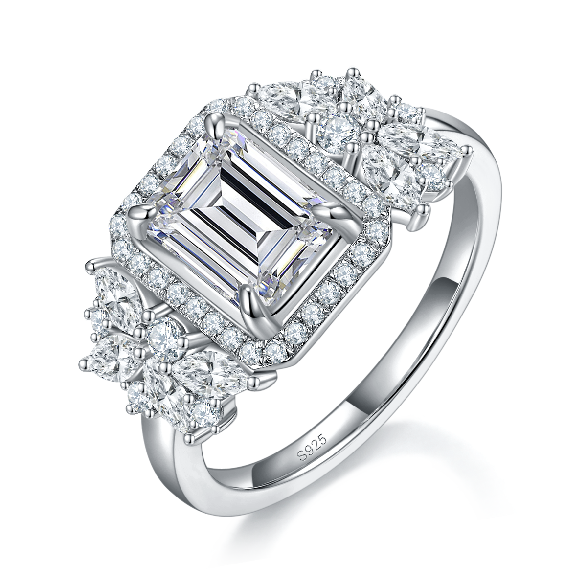 Light Luxury Full Diamond Emerald Cut Women's Ring S925 Silver Plated Platinum Customized Selection Main Stone Moissanite 2.0ct/Side Stone Cubic Zirconia