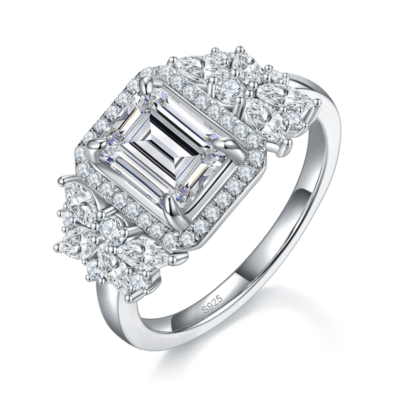 Affordable Luxury满钻祖母绿切割Women's RingS925银镀白金定制选款主石Moissanite2.0ct/副石高碳钻