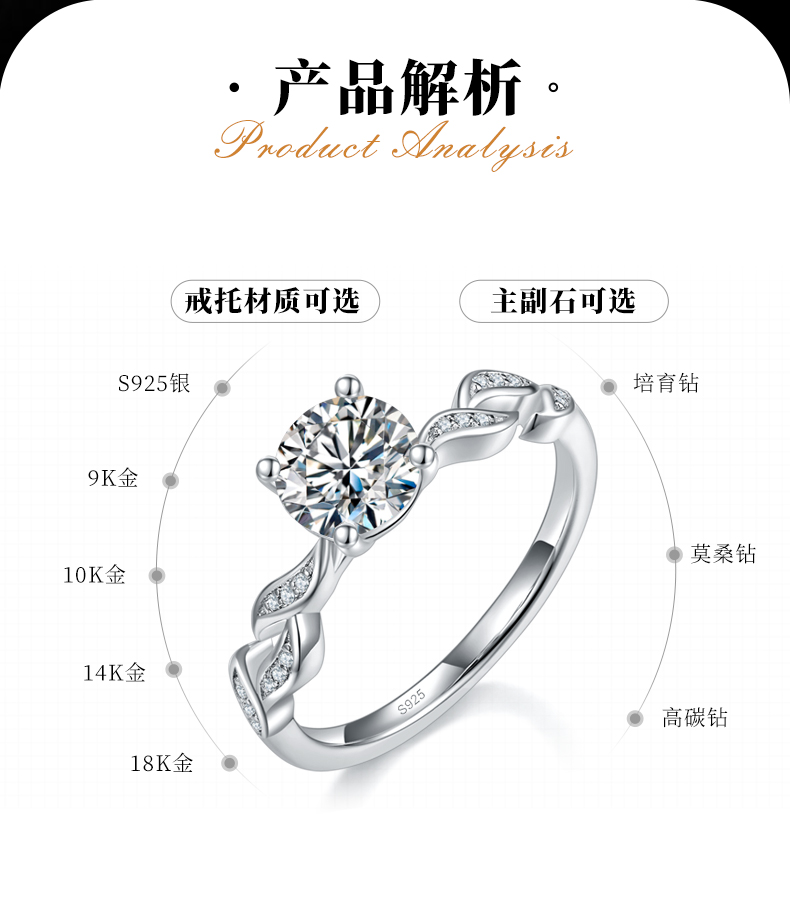 单头女戒S925银镀白金定制选款主石莫桑钻1.0ct/副石高碳钻 - 2