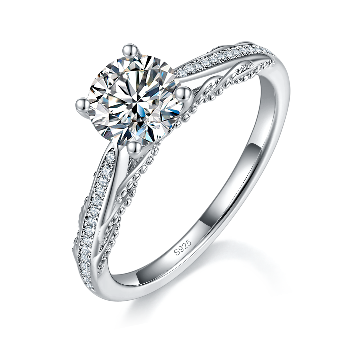 Single Head Women's Ring S925 Silver Plated Platinum Customized Selection Main Stone Moissanite 1.0ct/Side Stone Cubic Zirconia