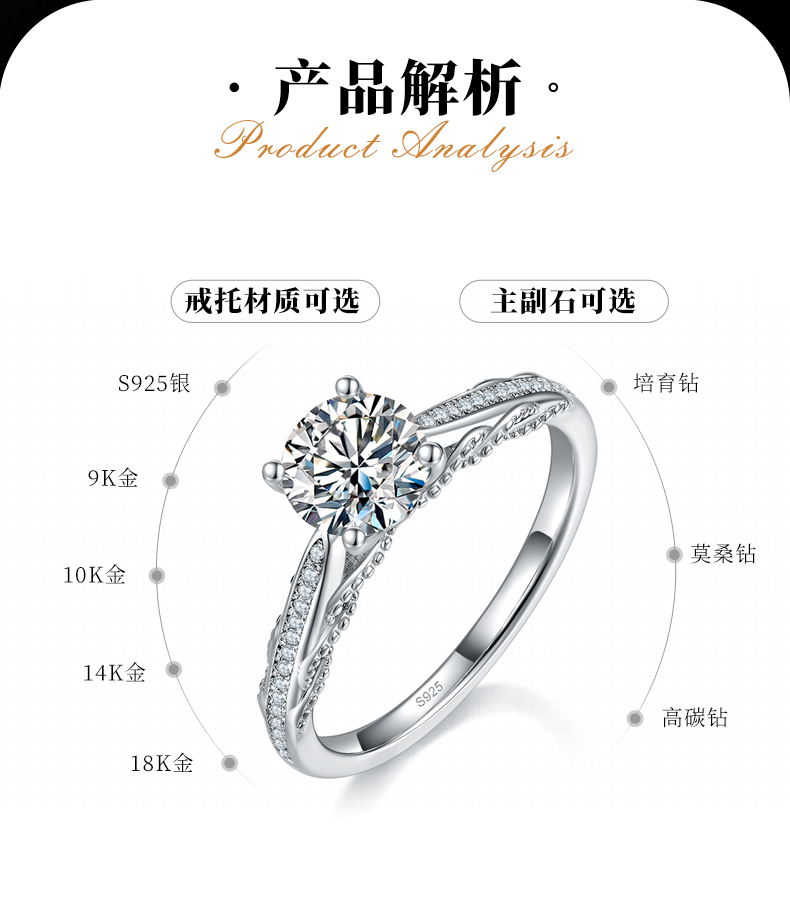 单头女戒S925银镀白金定制选款主石莫桑钻1.0ct/副石高碳钻 - 2