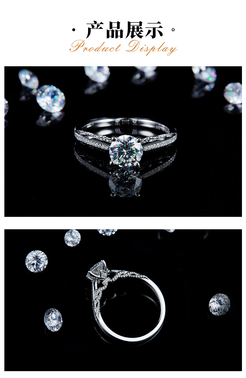 单头女戒S925银镀白金定制选款主石莫桑钻1.0ct/副石高碳钻 - 3