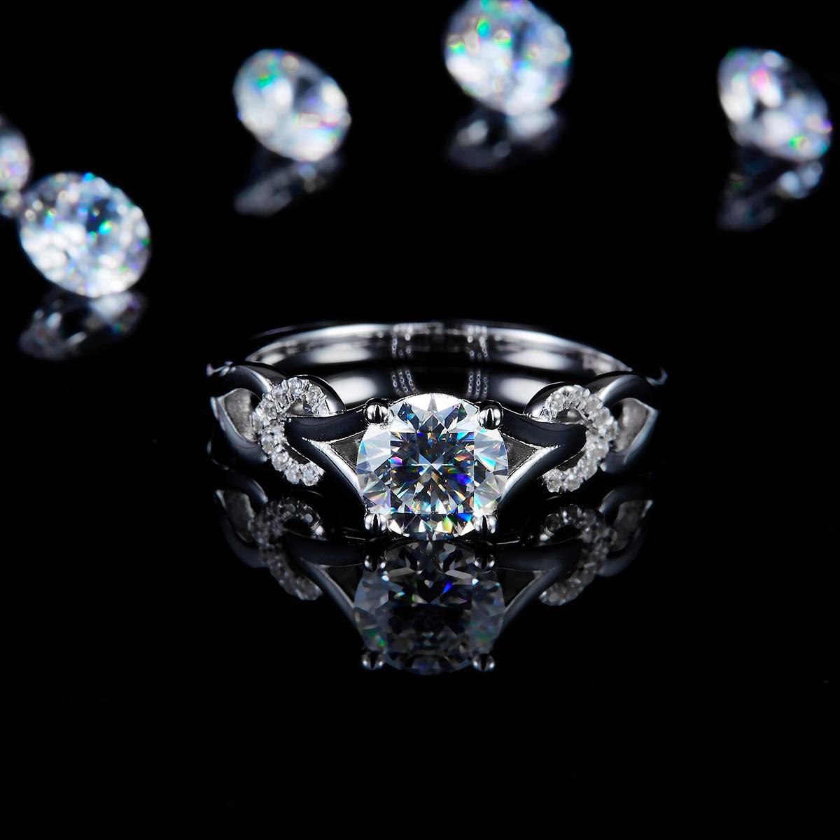 单头女戒S925银镀白金定制选款主石莫桑钻1.0ct/副石高碳钻