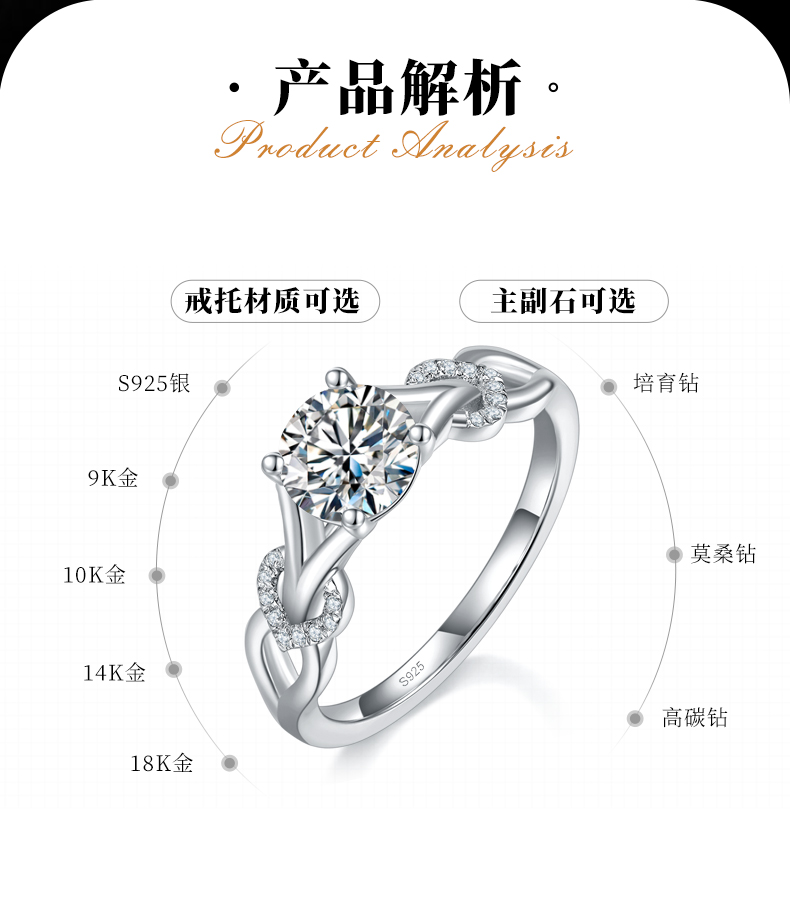 单头女戒S925银镀白金定制选款主石莫桑钻1.0ct/副石高碳钻 - 2